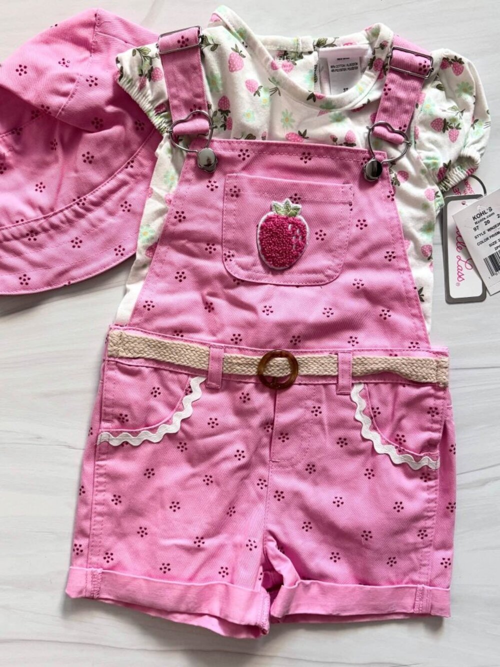 NWT Strawberry Overall Set with Matching Bucket Hat (3T)